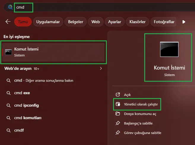 cmd bilgi ekranı